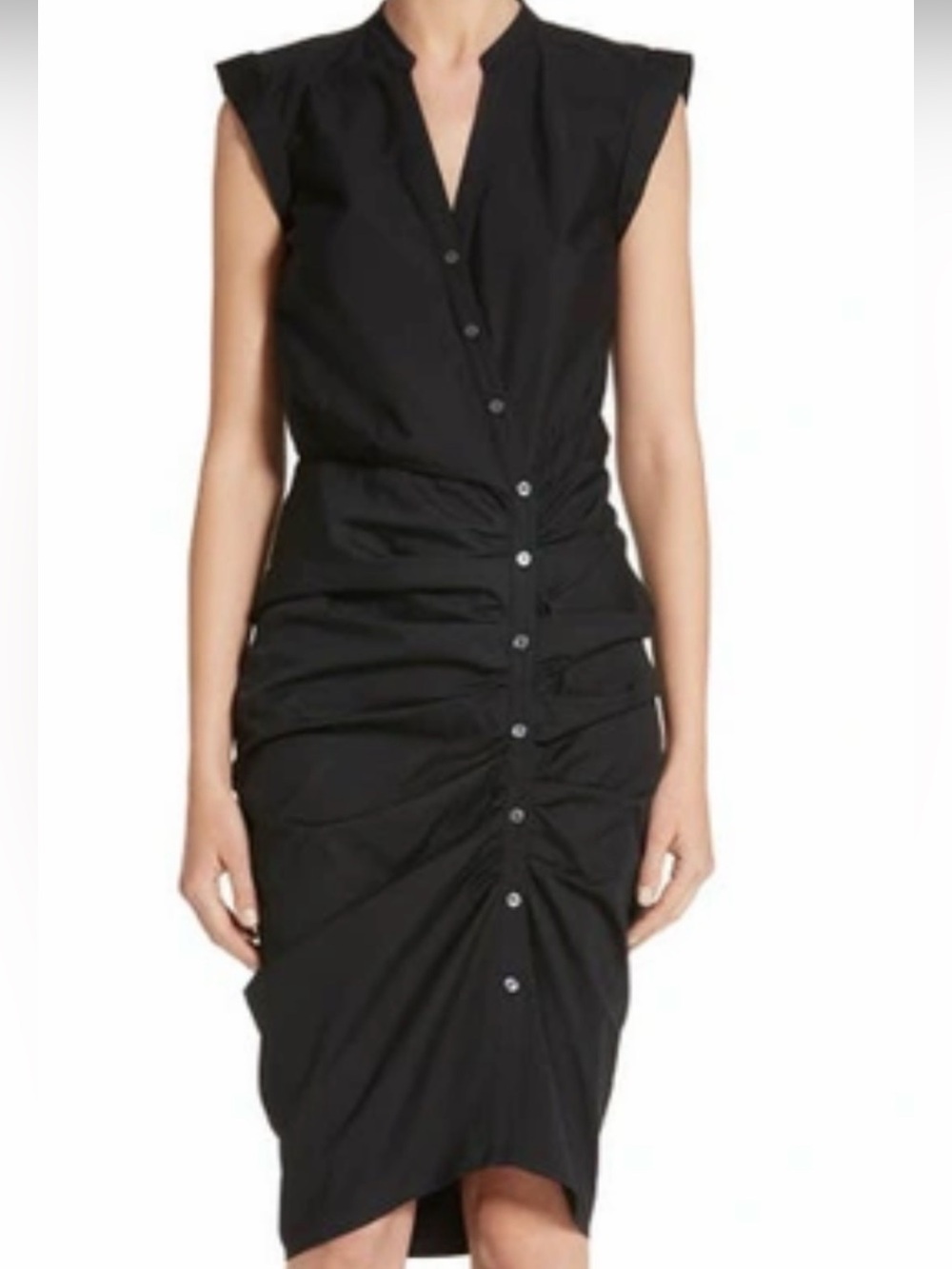 Veronica Beard Black Ruched Button-Front Midi Dress